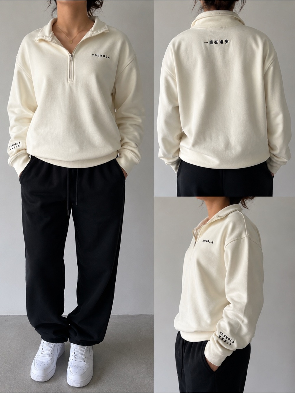 YoungLA Quarter Zip Pullover Sweatshirt Cream White Size M